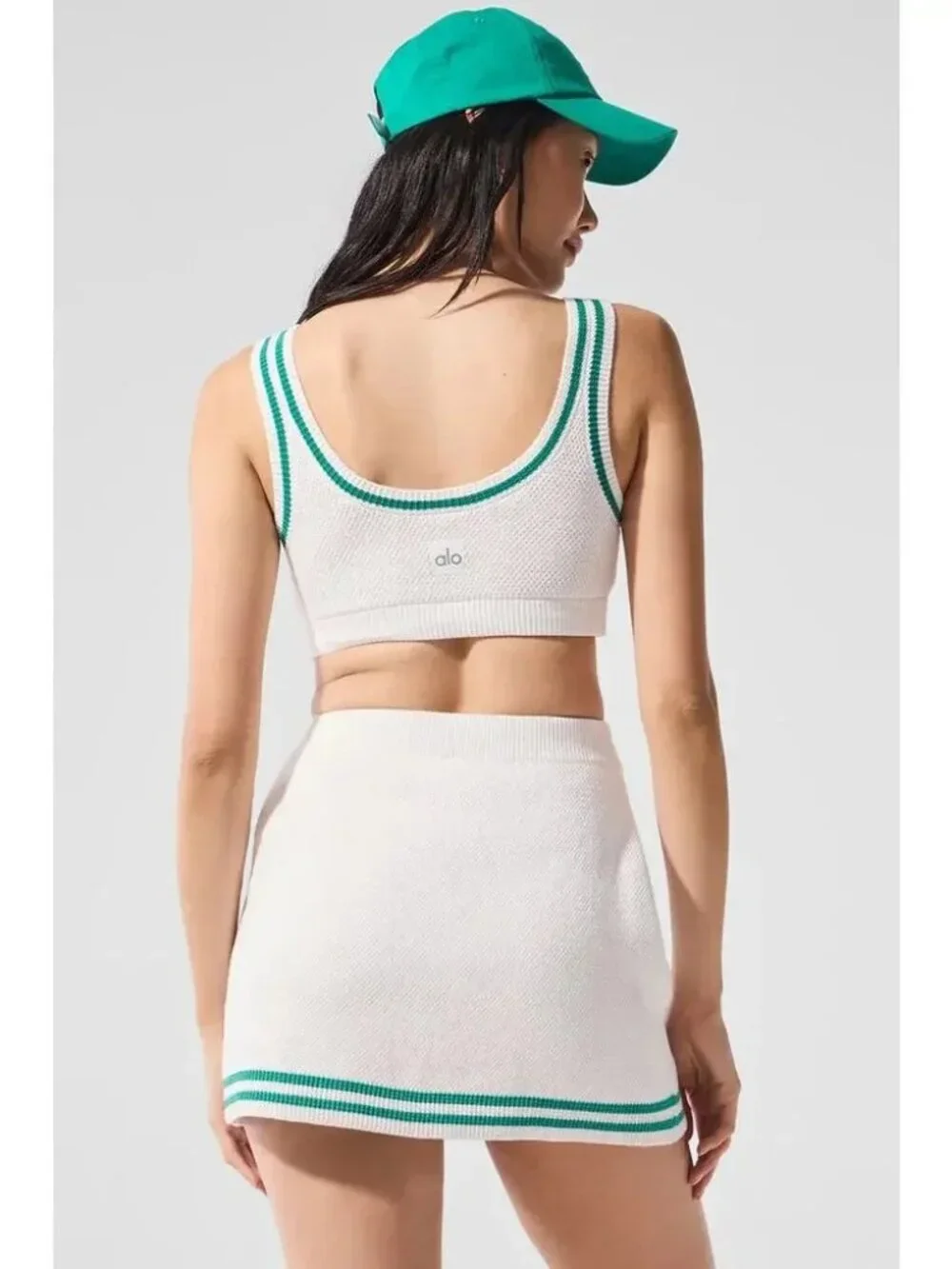 2 PC SET! Alo Yoga Tennis Club Sweater Knit Bra & Skort XXS White/Spruce Green